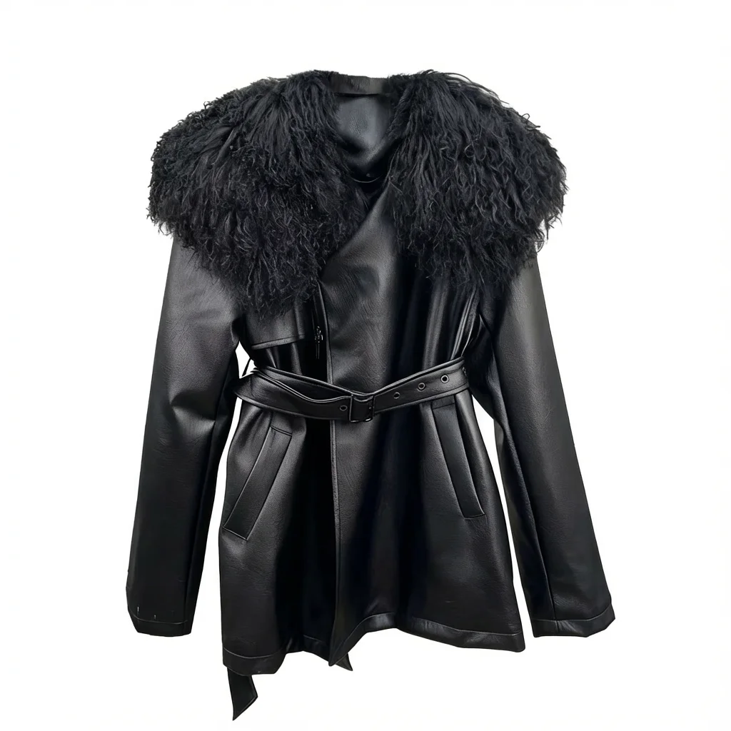 

NIGO Winter Women's Black Faux Leather Coat with Fluffy Fur Collar Belted Waist Long Sleeve High Comfort Outerwear ##NIGO9513Z