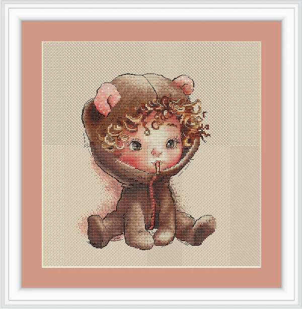 Cross Stitch Embroidery Kits Needlework Craft Set Cotton  Canvas Home Decoration 8-curly-haired girl in Bear Cross Stitch set