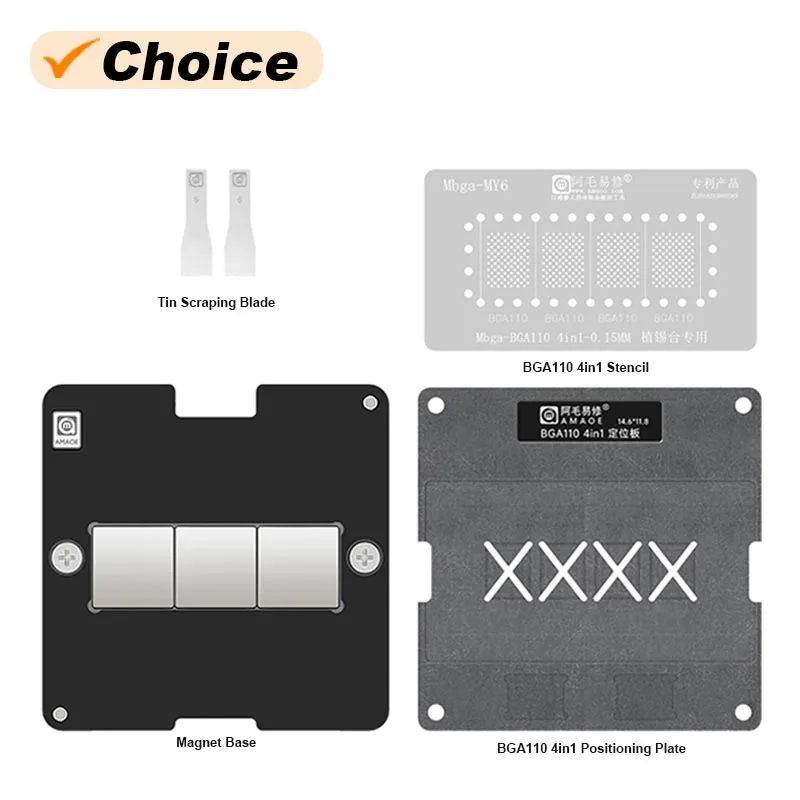 

AMAOE Mbga-MY6 0.15mm BGA Reballing Stencil Template for BGA110 4 in 1 Positioning Plate Magnetic Planting Tin Platform Set