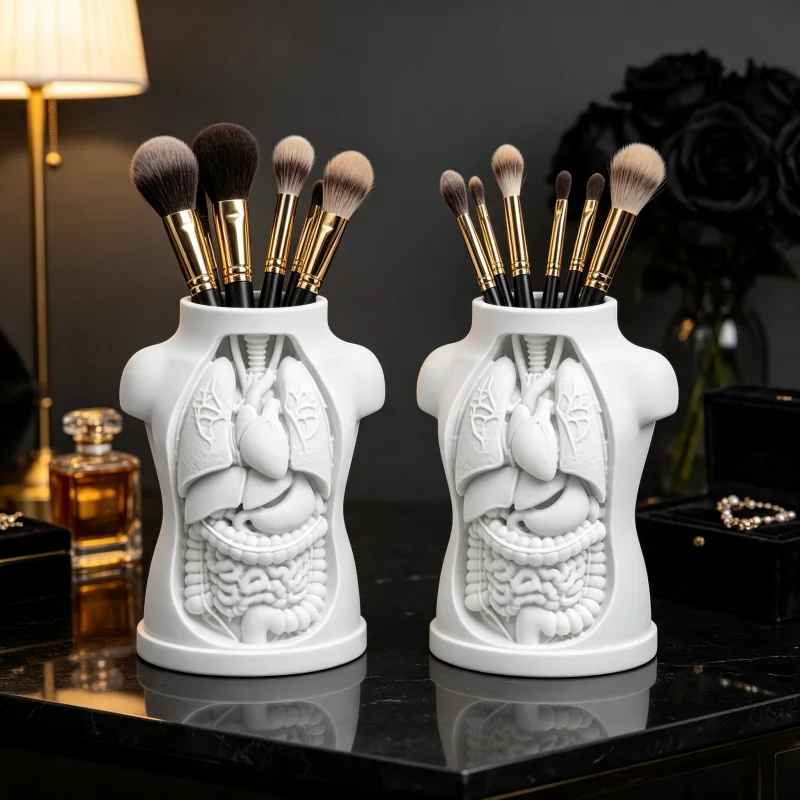 2-Piece Set of French-Style Elegant Human Body Sculpture Makeup Brush Holder, 3D Printed Anatomical Organ Relief Makeup Brush Holder, Matte White with Delicate Texture, Dressing Table Display Piece, Light Luxury and Elegant Bedroom Desktop Decoration, Can Hold Stationery and Makeup Brushes, Exquisite Gift for Women on Birthday or Christmas, Vintage Modern Art Style Decoration, Durable and Smooth Surface, Dressing Table Decor Item That Enhances Ambiance, Niche High-End Decorative Piece