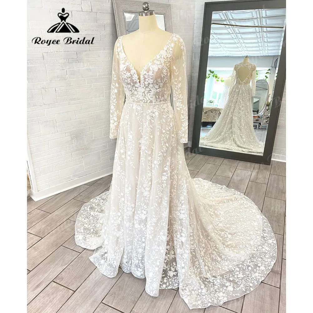 Luxury Plunging Long Sleeve Full Lace Wedding Dress with V  Neck 2024 Open Back Bridal Gown for Wome hochzeitskleid suknia slubn