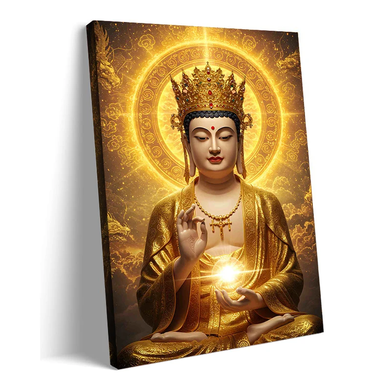 Golden Buddha Canvas Art Print with Frame – Spiritual Wall Poster for Room, Meditation Space & Home Decoration Religious Art