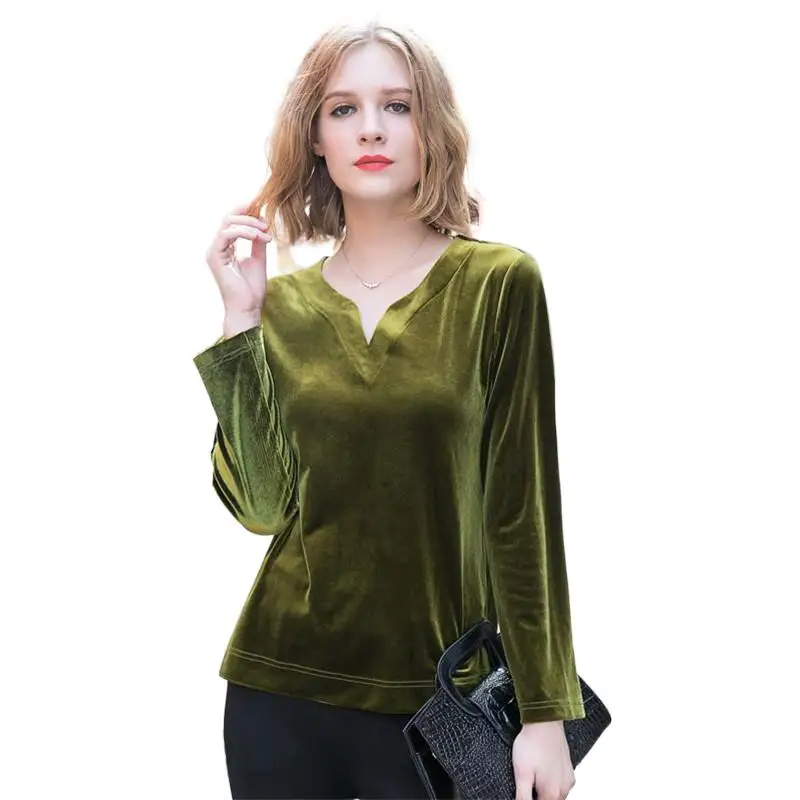 2024 Women V-neck velvet shirt casual full sleeves loose velour blouse playsuit streetwear Spring & Autunm blusas mujer de moda