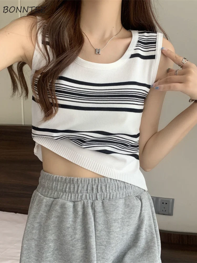 Sweater Vests Women Thin Summer Preppy Style Vintage Sleeveless Casual Striped Femme Korean Version Holiday Breathable All-match