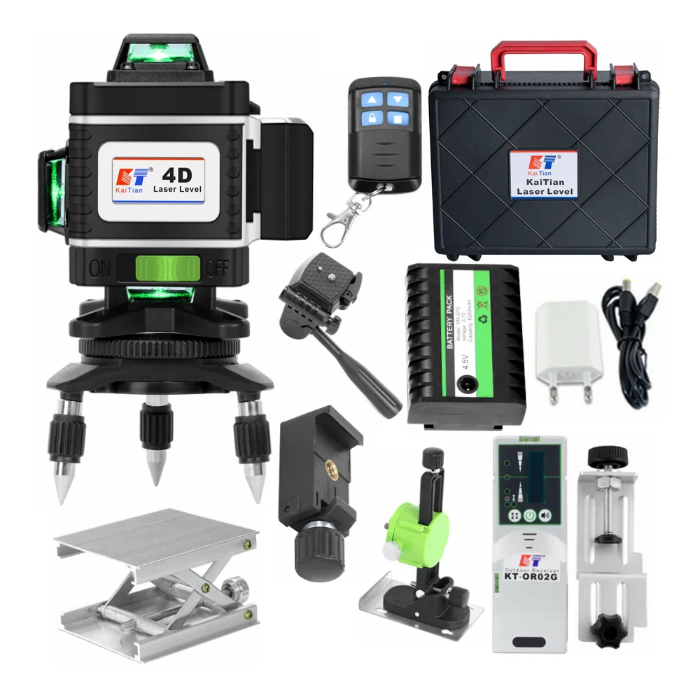 KaiTian Laser Level Self Leveling 360 Bracket Green Beam 4D 16 Line Cross Lazer Tools Lithium Battery Nivel Laser Level Receiver