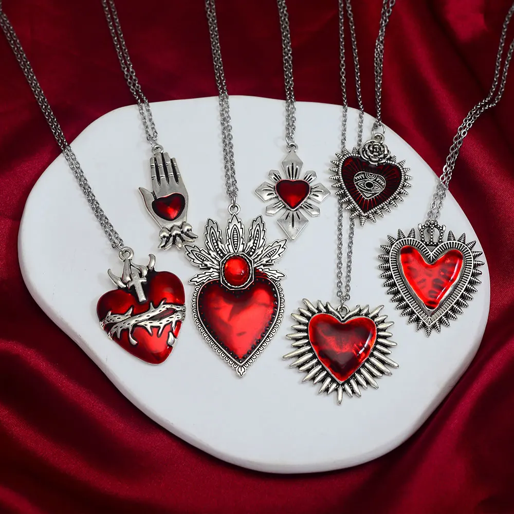 Gothic Pendant Necklace Alloy Red Enamel Mexico Flame Sacred Heart Corazon Catholic Cross Punk Hand Sword Goth Skull Women Men