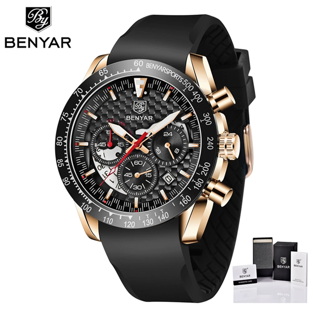 Benyar Design Sport Marke männer Quarzuhr 45mm Vintage Mode Leder 30M Wasserdichte Leucht Chronograph Relogio Masculino