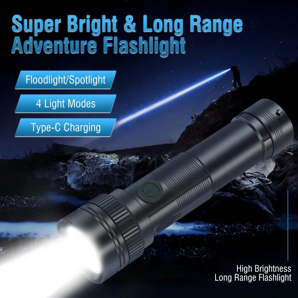 BORUiT ST12 350Lumens Zoomable 2pcs Flashlight 4 Lighting Modes Type-C Rechargeable 300M Long Range Portable Emergency Torch