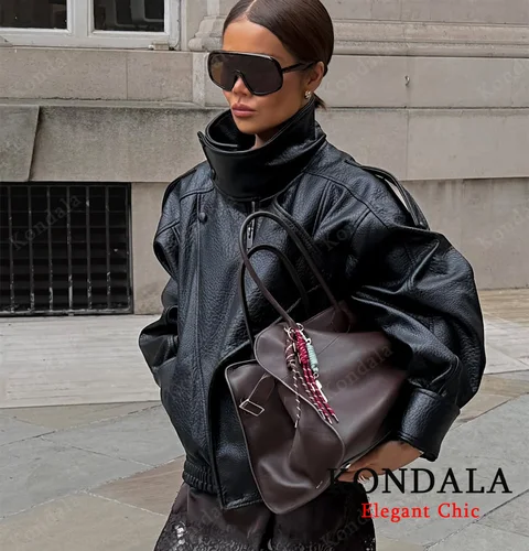 Imagen 2 del producto Chaqueta de cuero con cuello levantado para mujer, chaqueta de piloto con cremallera de PU de imitación, abrigo informal a la moda, prendas de vestir, chaqueta para mujer 2025