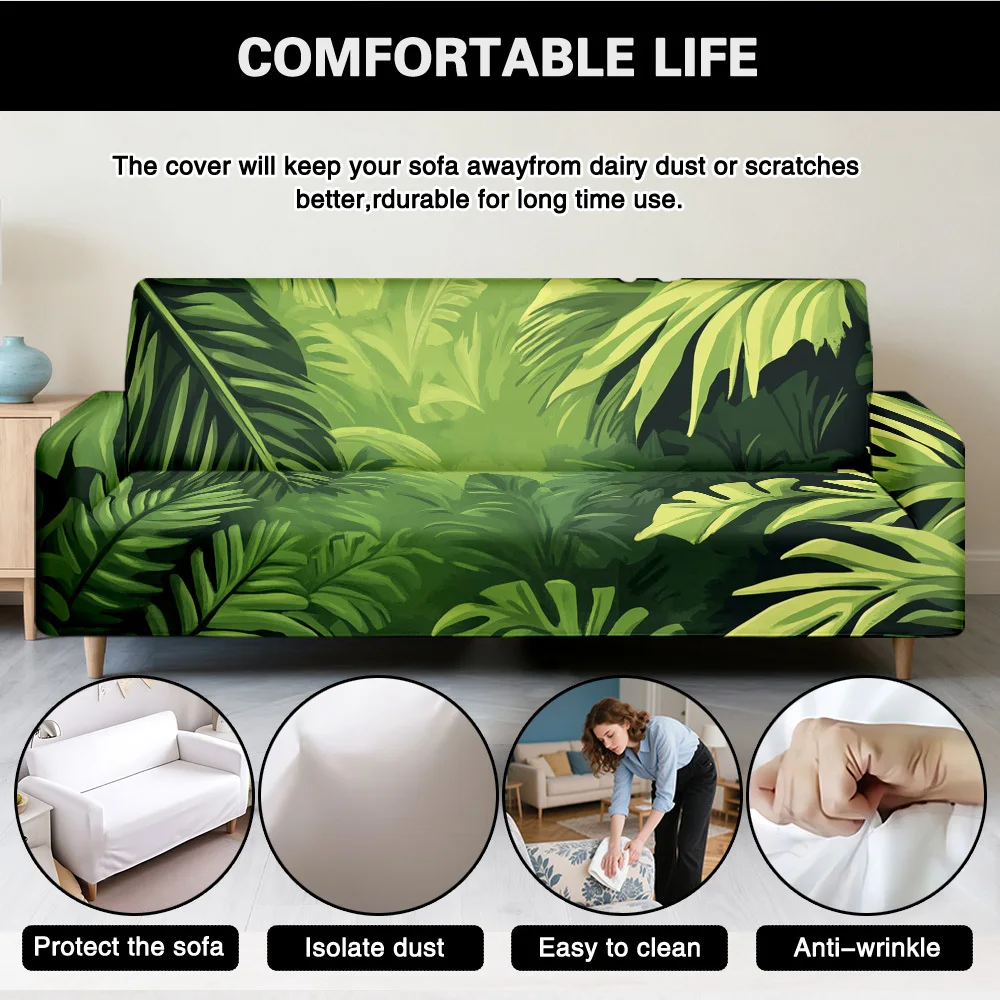 1pc Tropical Watercolor Monstera Leaf Print Stretch Sofa Cover, Boho Green Botanical Couch Slipcover for Jungle Home Decor