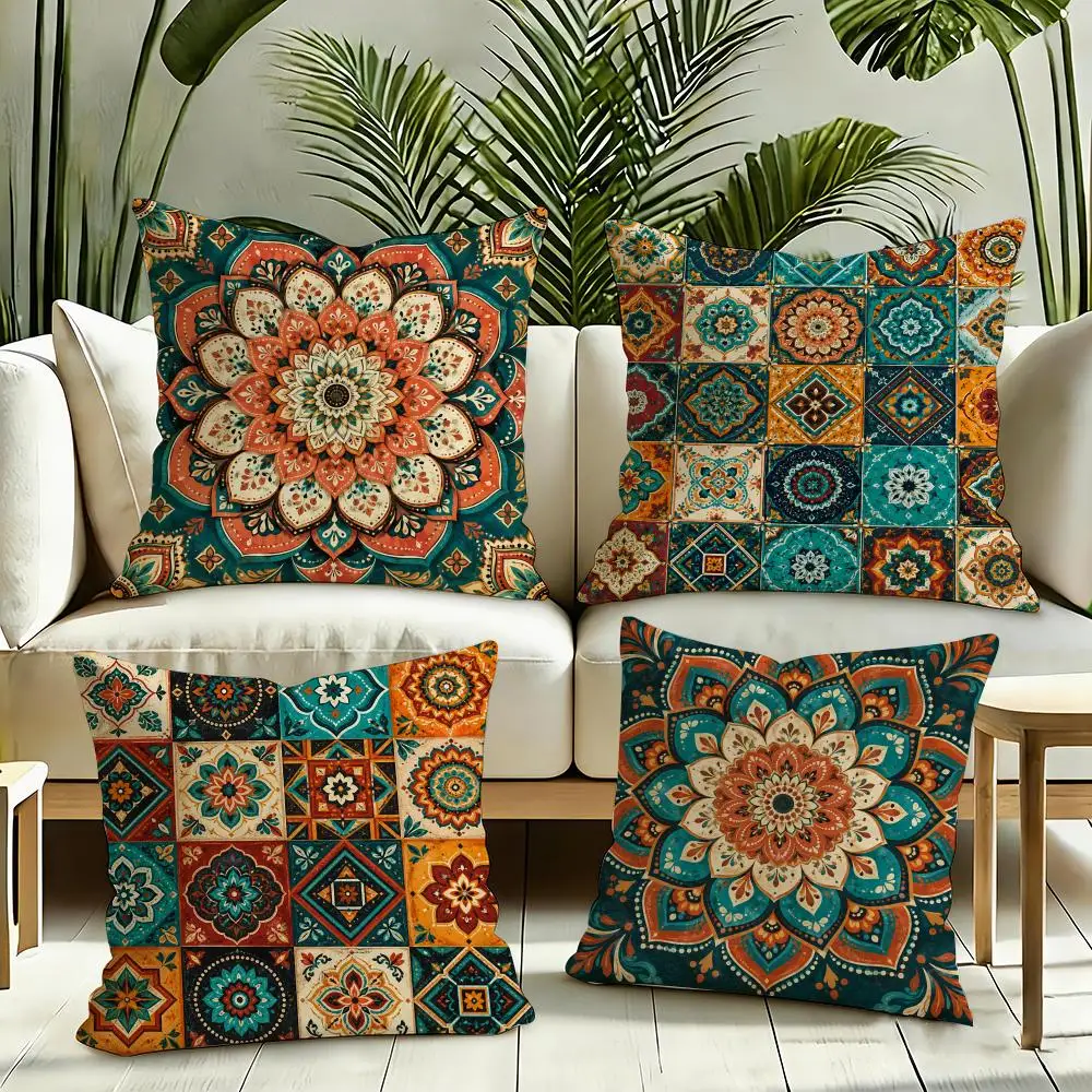 Teal Terracotta Mandalas Cushion Cover Silky Short Plush Invisible Zipper Dustproof Sofa Pillow Case for Home Decor