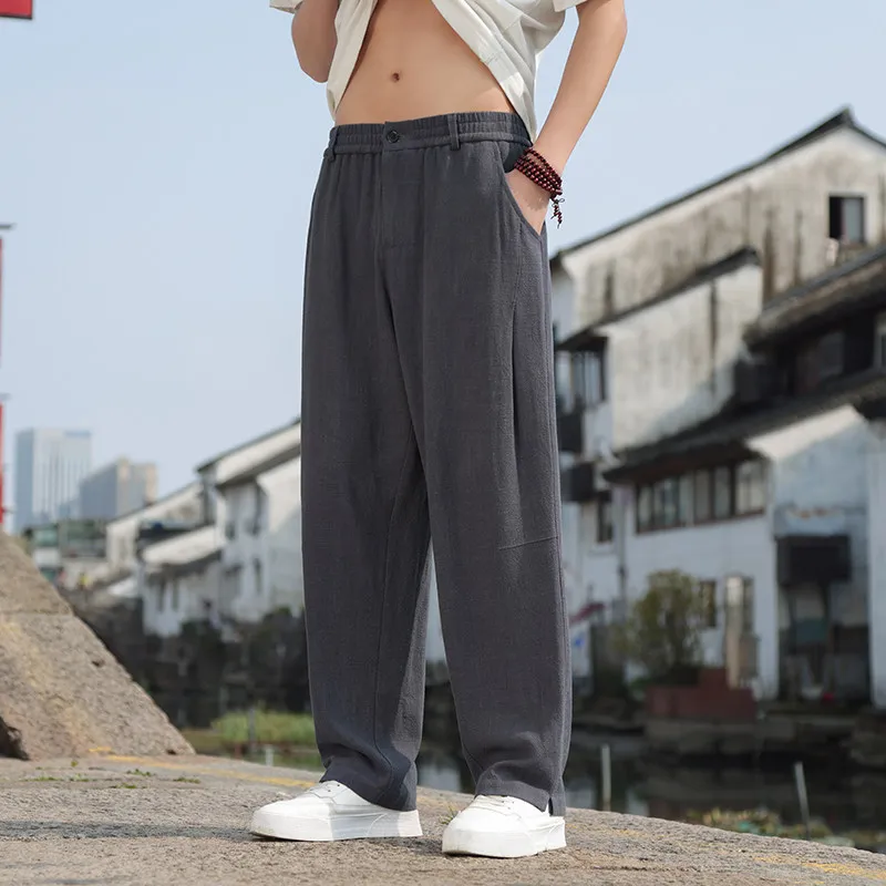

Новые мужские летние тонкие повседневные брюки из хлопка и льна в китайском стиле, свободные широкие брюки большого размера, прямые длинные брюки