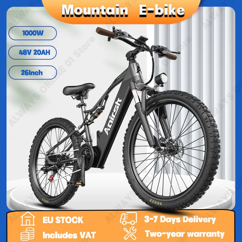 Vélo électrique tout-terrain à suspension intégrale pour adultes Aairsk XT90, moteur de 1000 W, batterie au lithium 48 V 20 Ah, pneus 26 * 2,6 pouces