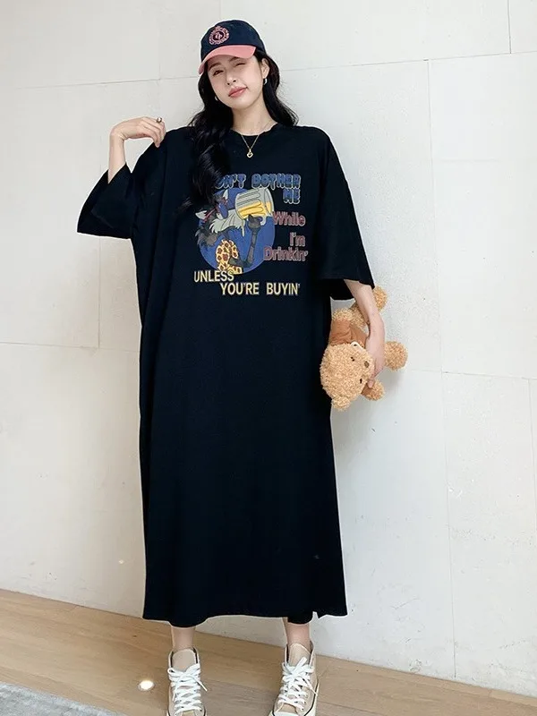 Korean New Summer Print Pattern Womens Casual Loose Cartoon Short Sleeve Printed T-shirt Long Skirt Air Short Sleeve Dress ELBJ