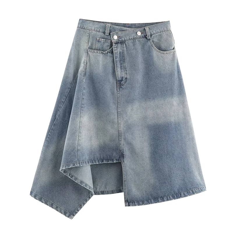 Cool Girl A-line Asymmetrical High Waist With Pockets Denim Midi Skirt