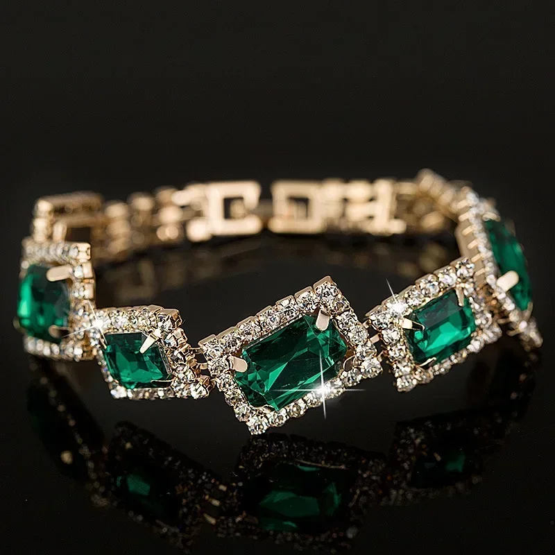 Fashion Wedding Bracelets Jewelry Luxury Women's Green Crystal Stone Bracelet Charm For Ladies Link Chain Bangles