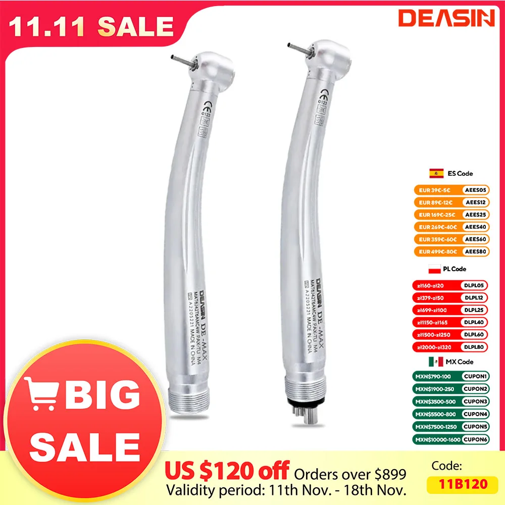 DEASIN Dental MAX High Speed Handpiece Self-Power E-generator Push Button Max Air Turbine Cartridge Rotor 2/4hole Dentistry