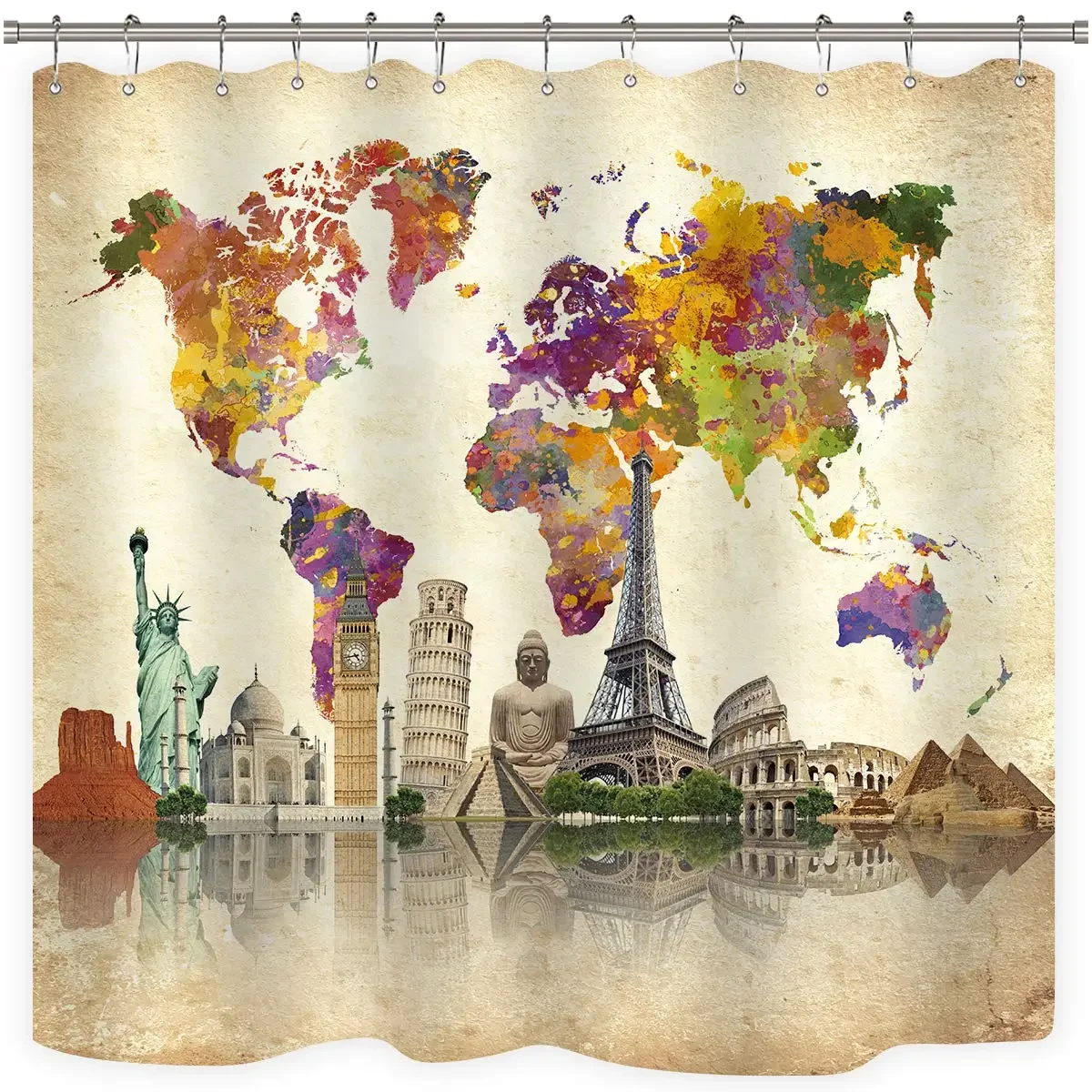 Vintage World Map Shower Curtain Landmark Spot Cultural Statue of Liberty Big Ben Decor