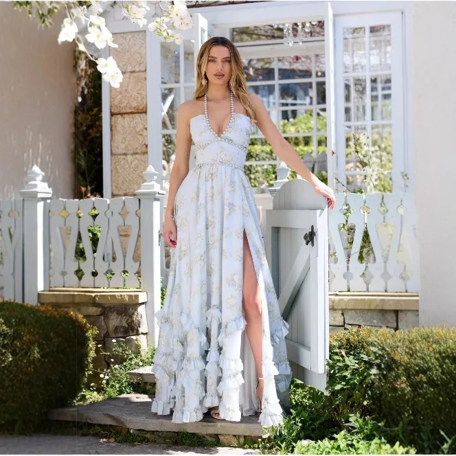 섹시한 플라워 프린트 드레스 여성 패션 스플라이스 러플 브이넥 백리스 레이스업 슬릿 드레스 여름 휴가 여성 파티 드레스