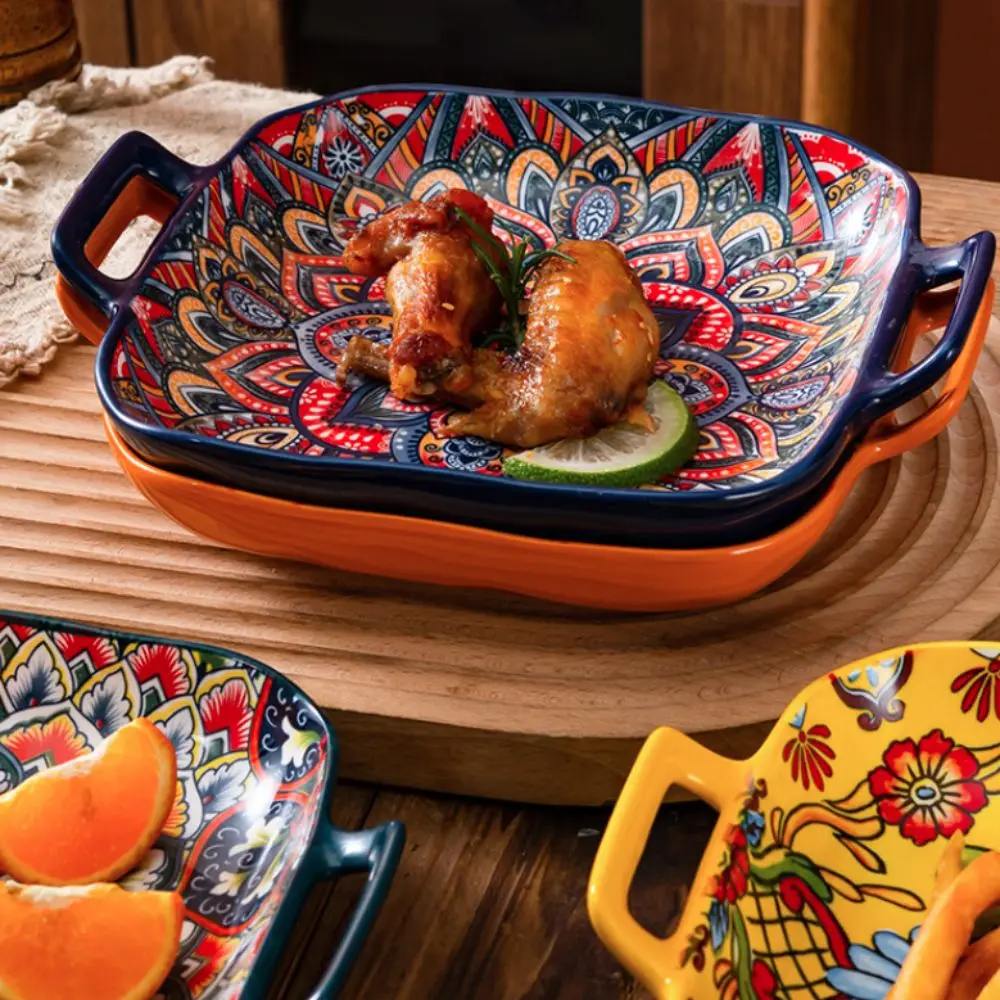 Dinnerware Binaural Handle Bohemian Ceramic Plate Square Retro Salad Dish Colorful Fruit Plate Microwave
