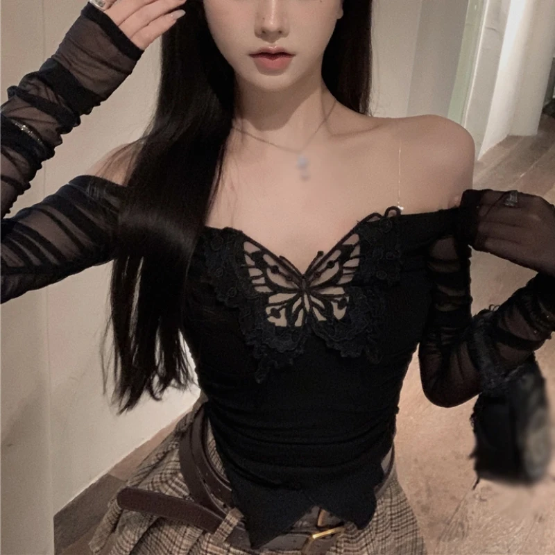 Women T-shirts Korean Version Fashio Solid Color One-shoulder Butterfly Slim Sexy Irregular Mesh Stitching Long Sleeve Top