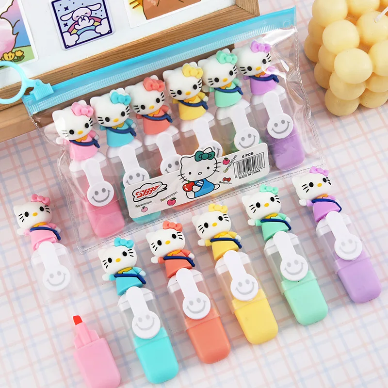 Kawaii Sanurgente Hello Kitty Series Surligneur Stylos Marqueurs, Mini Stylo Fluorescent, Surligneurs de Dessin, Fournitures de Papeterie Mignonnes