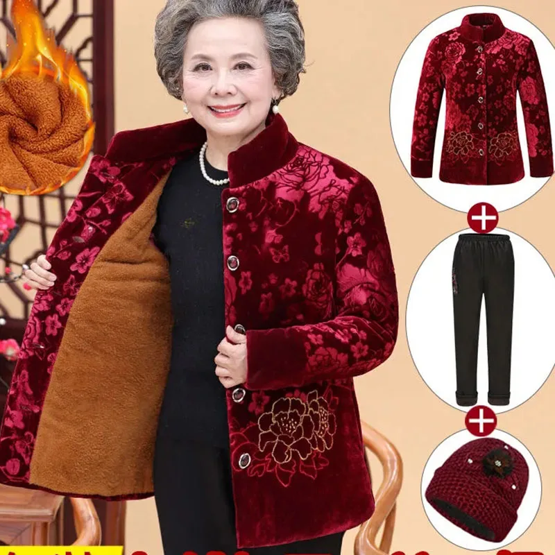 

Grandma's Winter Cotton Padded Jacket Thicken Warm Corduroy Coat Middle Aged Elderly Mother Parkas Add Velvet Wadding Overcoat