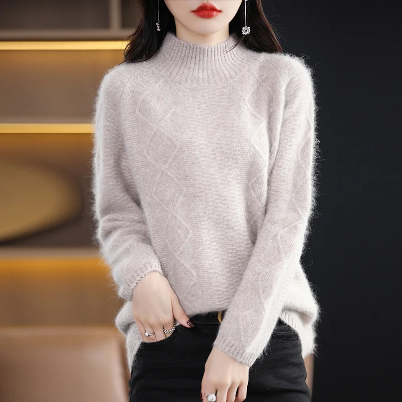 Autumn and Winter Semi-Turtleneck Authentic 100% Mink Cashmere Sweater Women\'s Loose Plus Size Jacquard Knit Base Hot Jumper