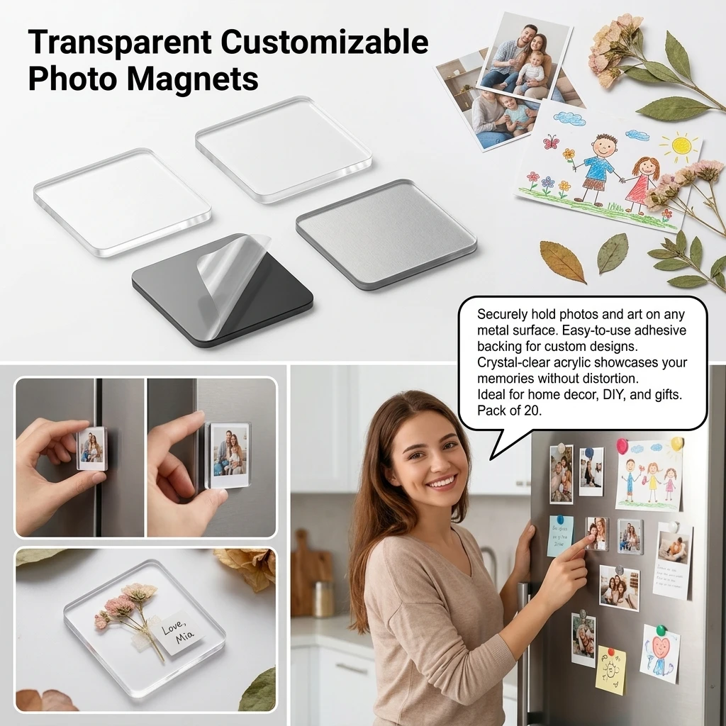 20 Pack Acrylic Fridge Magnets Clear Square DIY Magnetic Stickers for Photo Decor Home Office Art Craft Supplies Durable