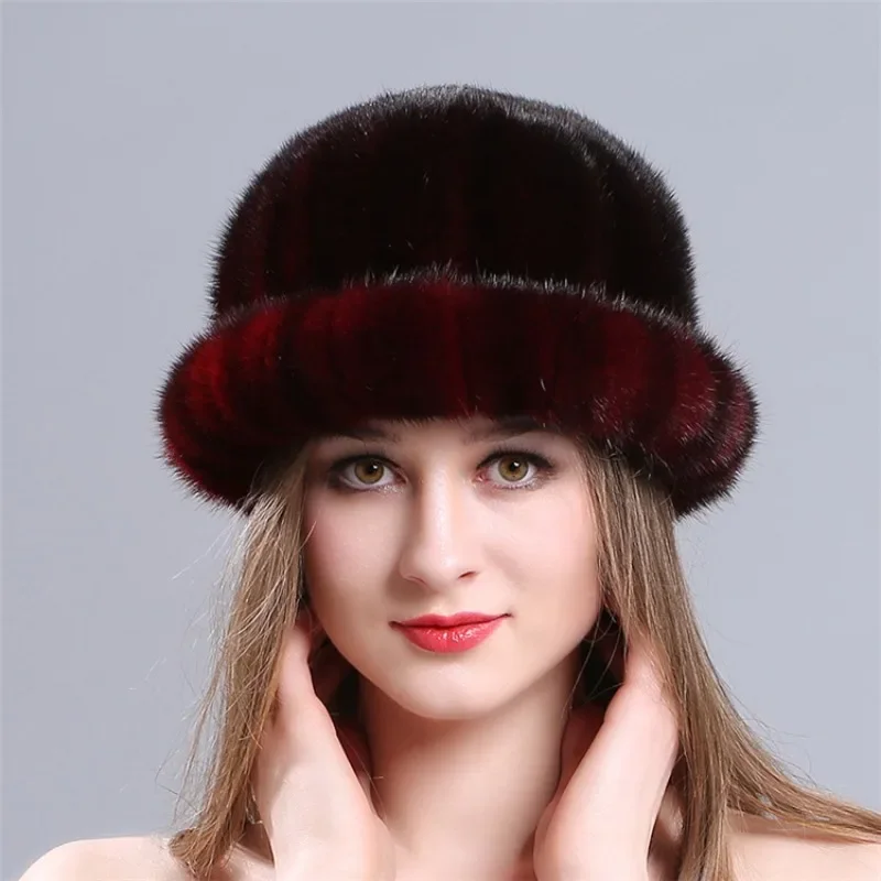 Women's Autumn and Winter Mink Fur Hat Newly Thickened Warm Top Hat Versatile Mink Fur Straw Hat