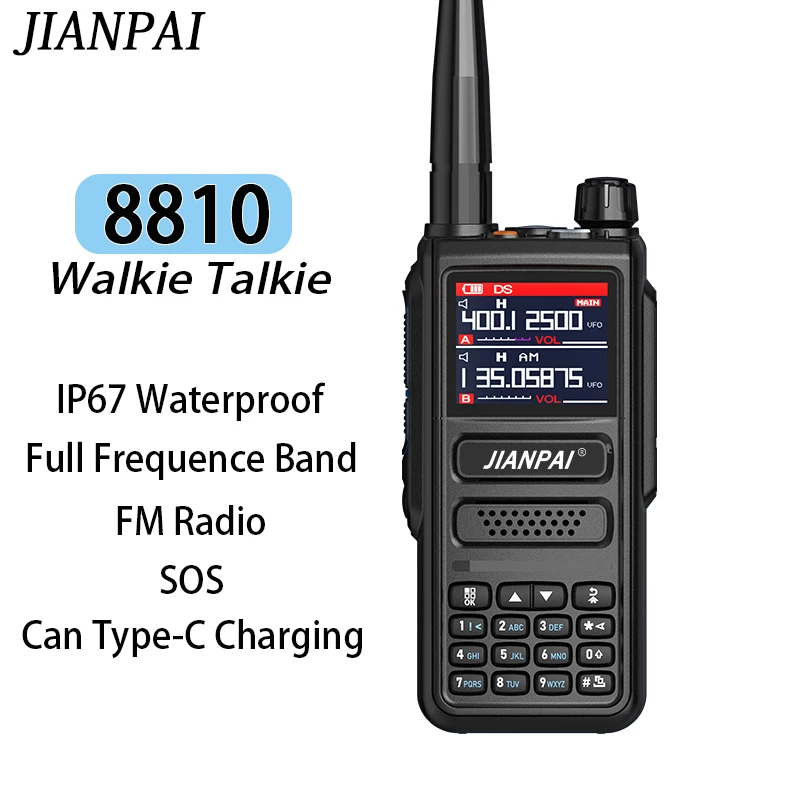 JIANPAI 8810 Walkie Talkie Full Frequency Band IP67 Waterproof Two Way Radios Suport Type-C Charging FM Radio SOS AM MDC1200