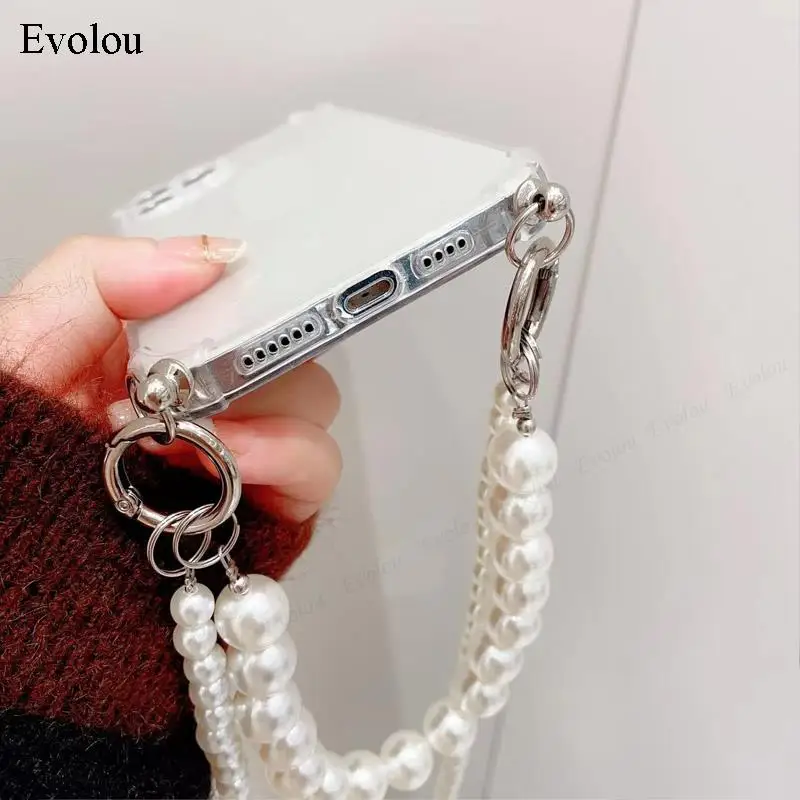 Per P60 Pro P60 Art Pearl Chain Crossbody Lanyard custodia per telefono per Huawei P50 Pro P40 Lite P30 P20 Cover posteriore in TPU trasparente