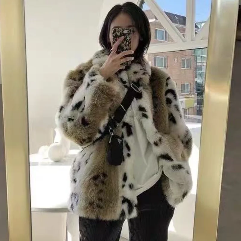 Chic Faux Fox Fur Leopard Furry Jacket Thick Spliced Imitation Mink Fur Dots Printed Coat Cardigan Bomber Parka  Tops Abrigos