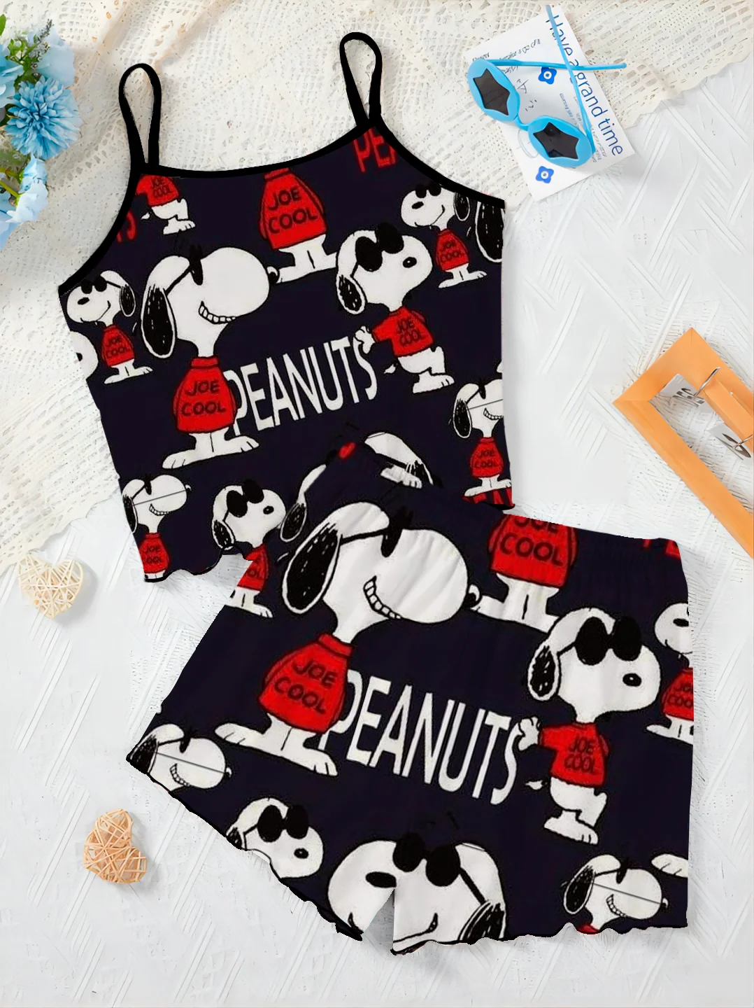 Eleganckie zestawy damskie dla kobiet 2-częściowy T-shirt Sałata Wykończenie Snoopy Disney Slip Dress Dwuczęściowy zestaw Top Krótki garnitur Bottom Disney