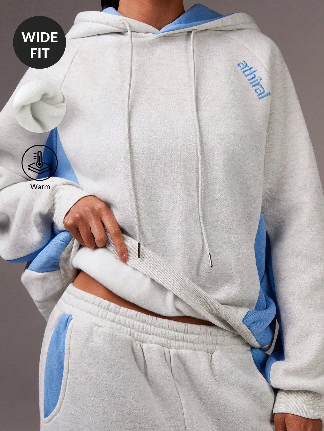 

Women's Wide Fit Cropped Hoodie with Contrast Raglan Sleeves, Thermal Lining, Drawstring, for Fall Winter Casual Wear