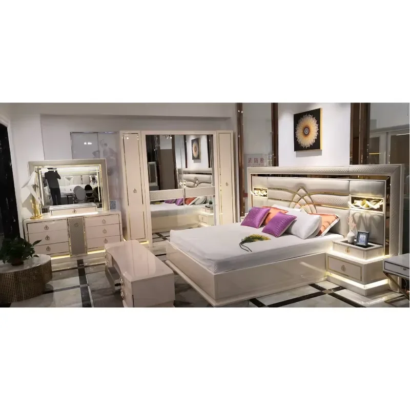 World Art King Modern Luxury 5 Piece Queen Bedroom Set White Wooden Bed Dresser Nightstands Wardrobe Family Room Storage