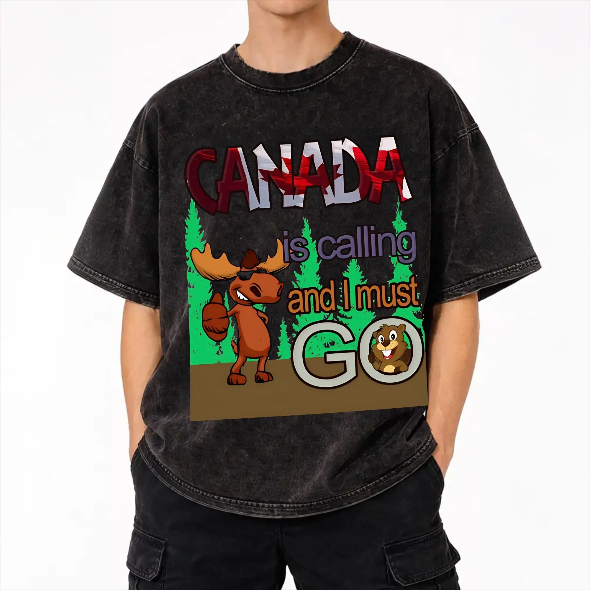 Graphic Printed  Funny Canada Is Calling and I Must Go Flag  Washed T Shirt Merch Oversize T-Shirt  for Men Women Tee