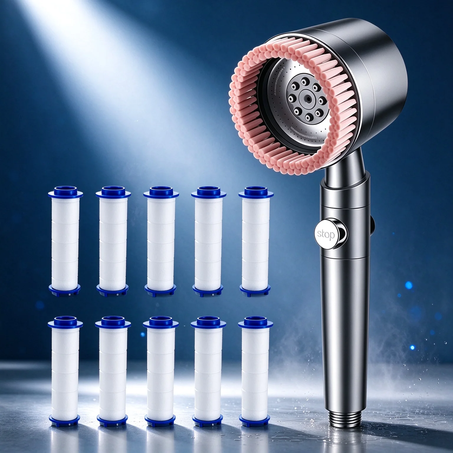 Handheld Shower Head Pressurized Nozzle with Massage Brush Filter Hard Water Resistant Stop Switch and Replacement Cartridges