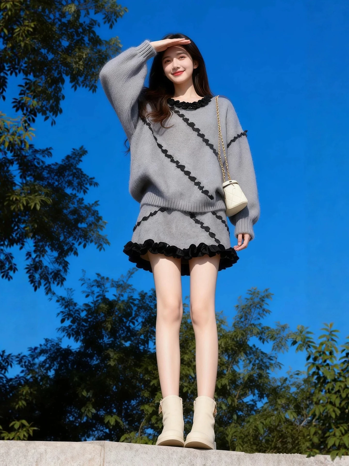 

Winter Warm Knitted Sweater And Skirt Set for plus Size Women Casual Loose Fit Faion Ensemble Wooden Button Detail