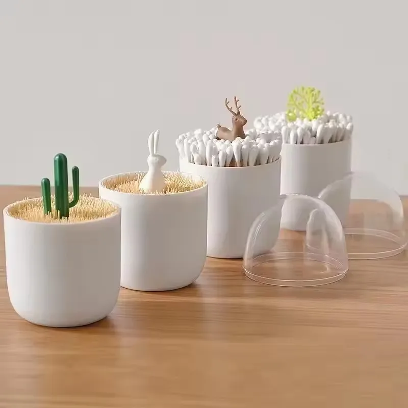Creative Toothpick Holder Plastic Cotton Swab Holder With Cute Mini Cactus Trees Rabbit Table Accessories Home Decor
