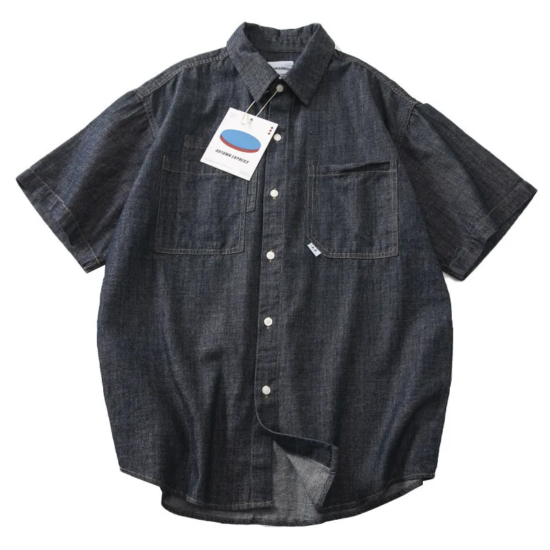 100% Cotton Heavyweight Washed Denim Shirt for Men Summer Style Pocket American Vintage Workwear Shirt Dark Blue Casual Tops