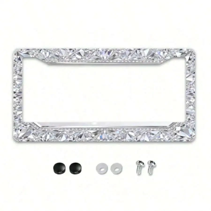 

Bling Crystal License Plate Frame Sparkly Diamond Car Decor Universal 12x6 Inch With Mounting Hardware