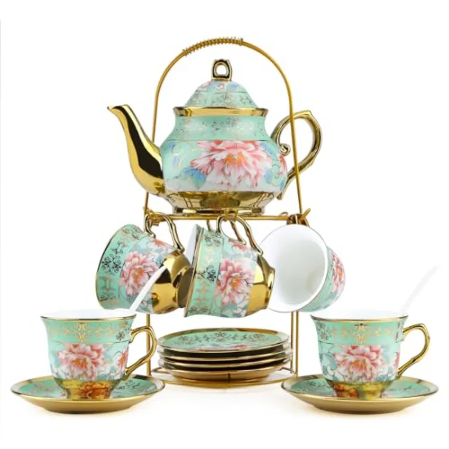 

20Pcs European Ceramic Tea Set with Metal Stand Porcelain Vintage Floral Tea Cup and Saucer Set for 6 People Complete Gift Set