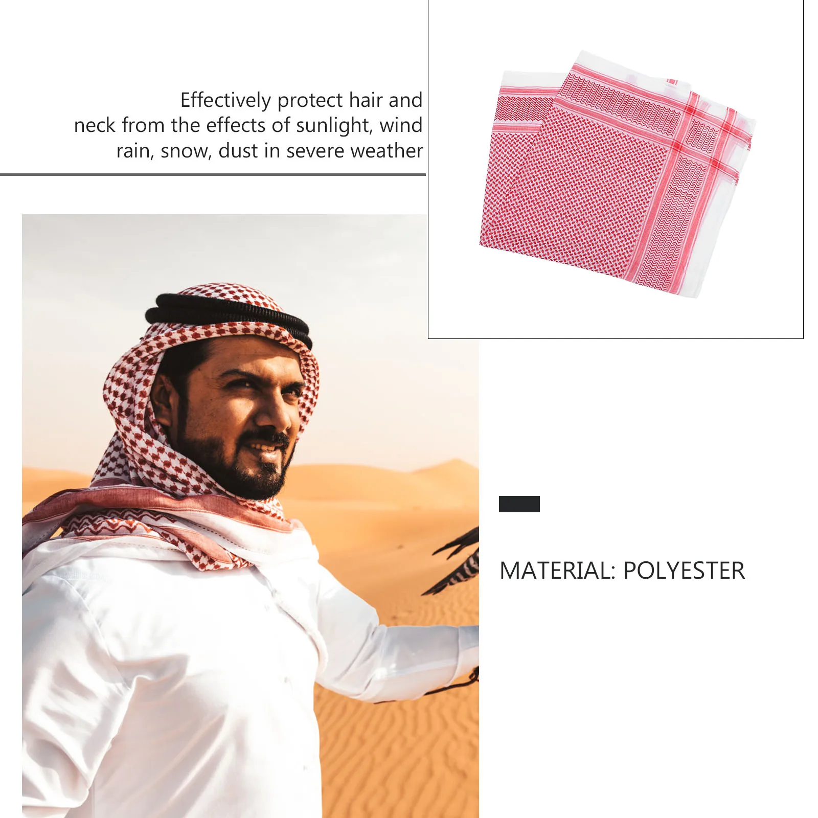 

Men Headscarf Arab Kerchief Saudi Kerchief Desert Red Dubai Muslim Headwear Travel Lightweight Polyester Scarf Shawl