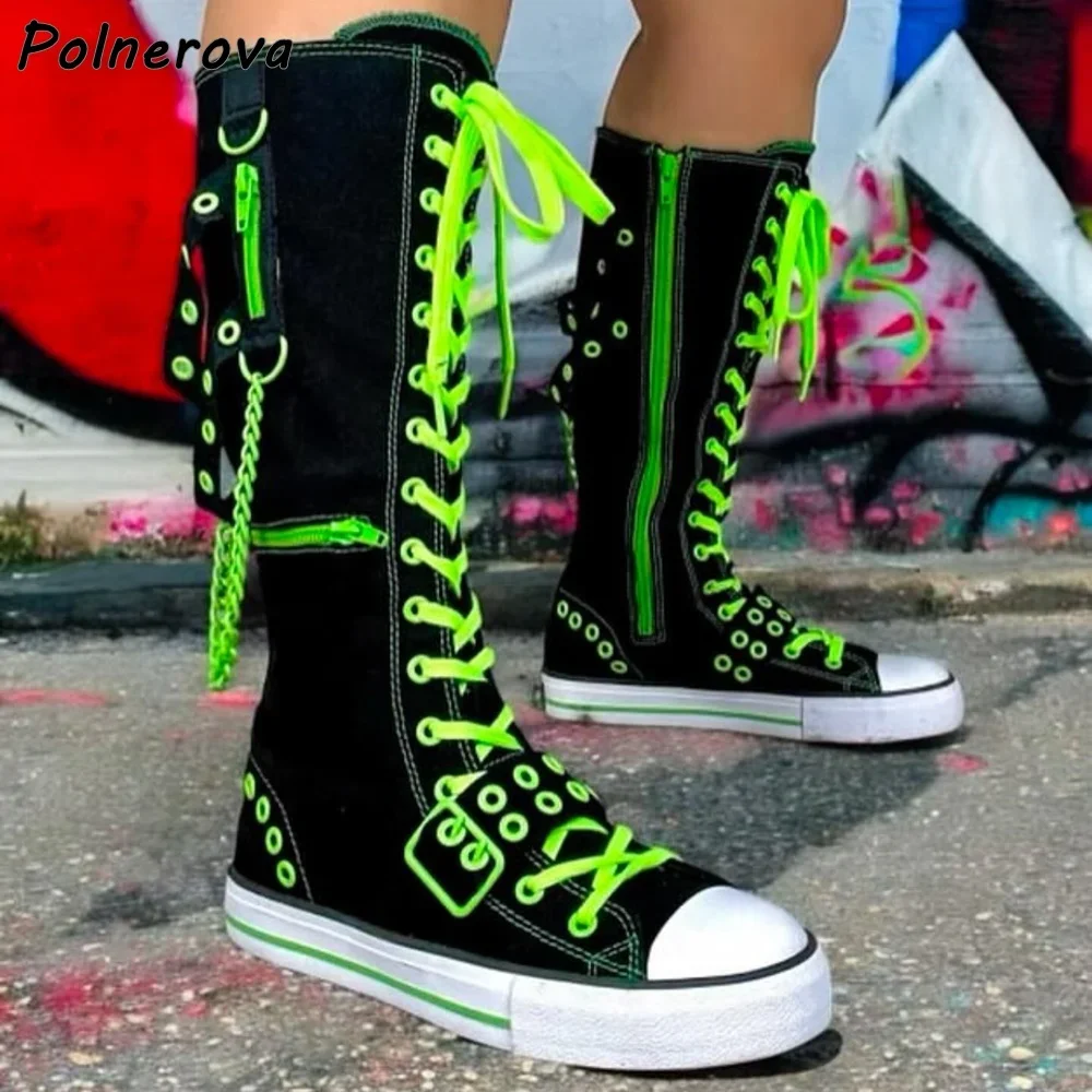 Flat Canvas Metal Chain Boots Round Toe Stripes Cross Tied Lace Up Knee High Boots Women's Fashion Mixed Color Leisure Shoes