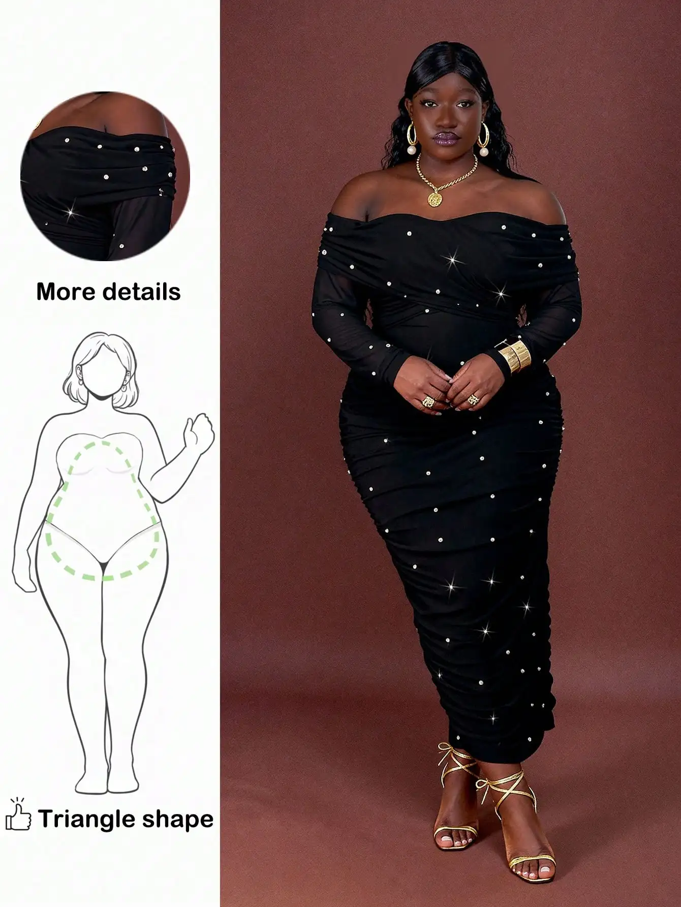 

Plus Size Black Off-Shoulder Ruched Maxi Dress with Pearl Embellishments for Evening Events
