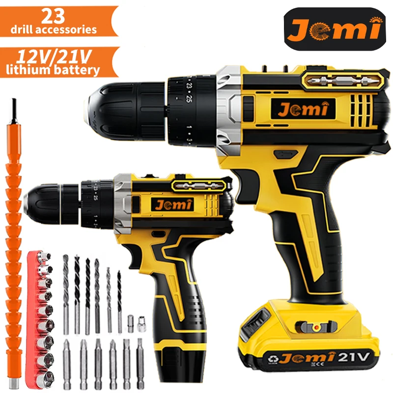 Jemi Tool Cordless Drill Set Hand Drill 2 Speed Screwdriver 12V/21V Electric Impact Drill 23 Piece Drill Bits Max Torque 45Nm