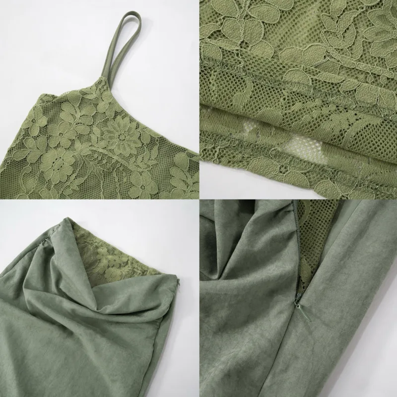 Sexy Sheer Lace Spaghetti Strap Vest Satin Skirt 2 Piece Set Women Chic Designer Retro Hollow Lace Set Evening Party Resort Wear