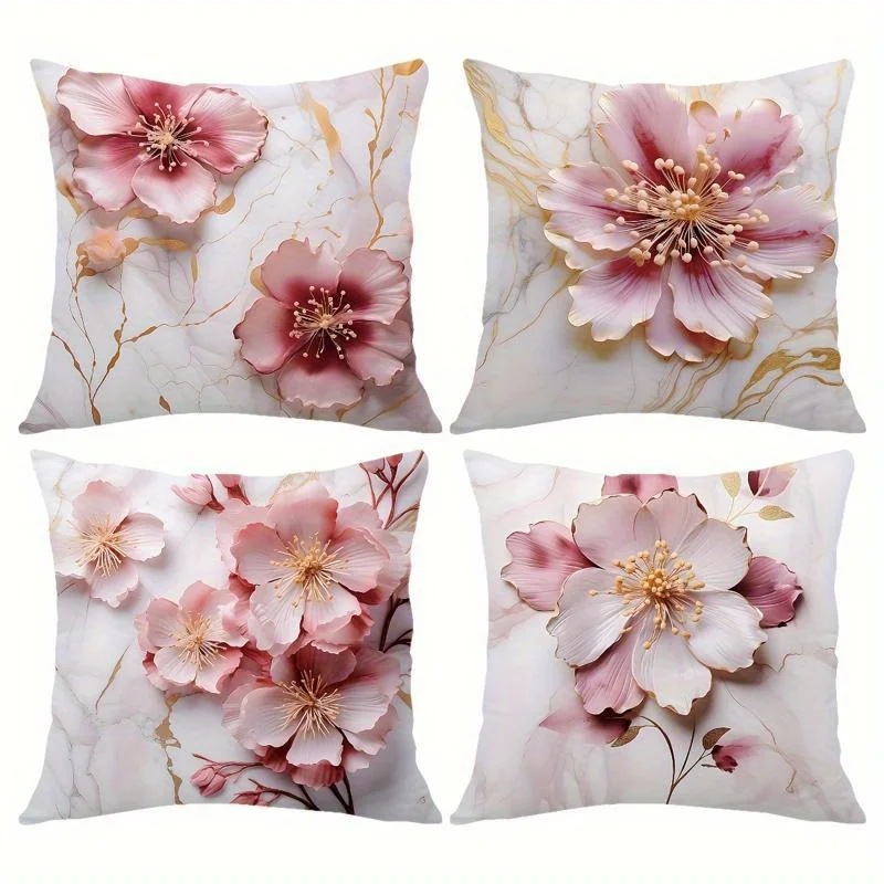 4pcs Pink Floral Decorative Pillow Covers, Set of 4 Short Plush Pillowcase 17.7 Inches X17.7 Inches Without Pillow Core, Single-
