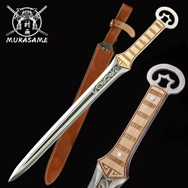 Chinese Medieval Ring Pommel Beifeng Short Sword Full Tang Engraved Manganese Steel Blade PU Leather Sheath Tanto Home Decor